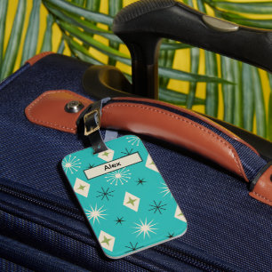 Mid Century Atomic Stars and diamonds on Teal Luggage Tag