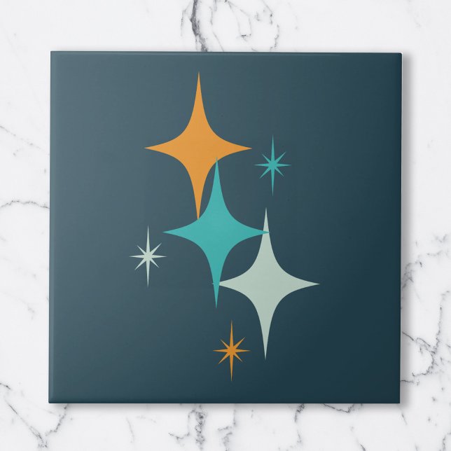 Mid Century Atomic Stars Dark Teal Aqua Orange Tile (Mid Century Atomic Stars Dark Teal Aqua Orange Ceramic Tile)