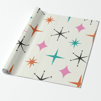 Mid Century Atomic Stars in Pink Teal Orange Wrapping Paper
