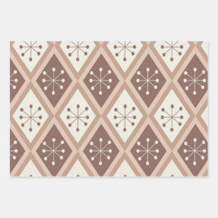 Mid Century Atomic Stars on Mocha Mousse Diamonds  Wrapping Paper Sheet