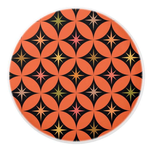 Mid Century Atomic Stars on Orange Circles Ceramic Knob (Front)
