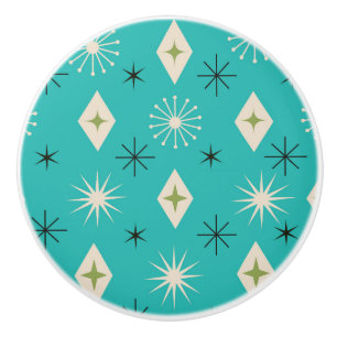 Mid Century Atomic Stars with diamonds on Teal  Ceramic Knob