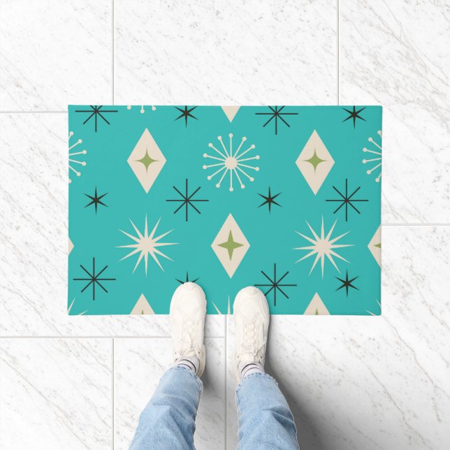 Mid Century Atomic Stars with diamonds on Teal  Doormat (Indoor)