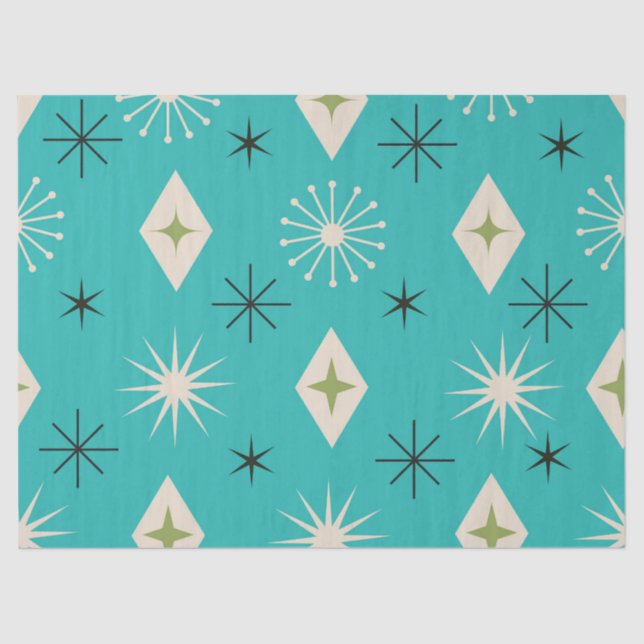 Mid Century Atomic Stars with diamonds on Teal  Tissue Paper (Front)