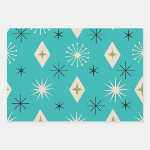 Mid Century Atomic Stars with diamonds on Teal  Wrapping Paper Sheet