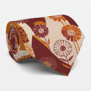 Mid Century Autumn Floral Geometric Pattern Tie