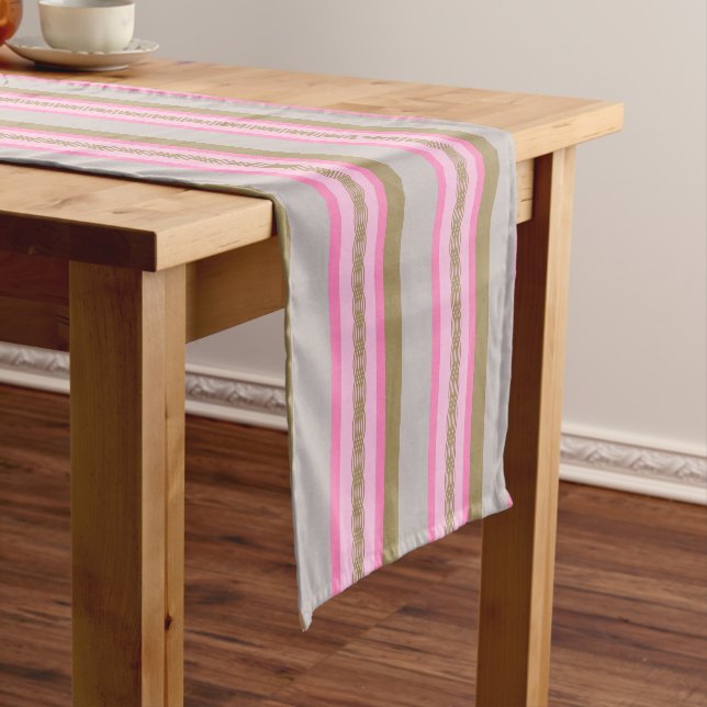 Mid-Century awning stripe - grey / grey, pink, tan Short Table Runner (In Situ)