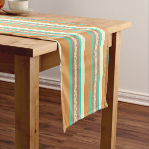 Mid-Century awning stripe - tan & turquoise Short Table Runner