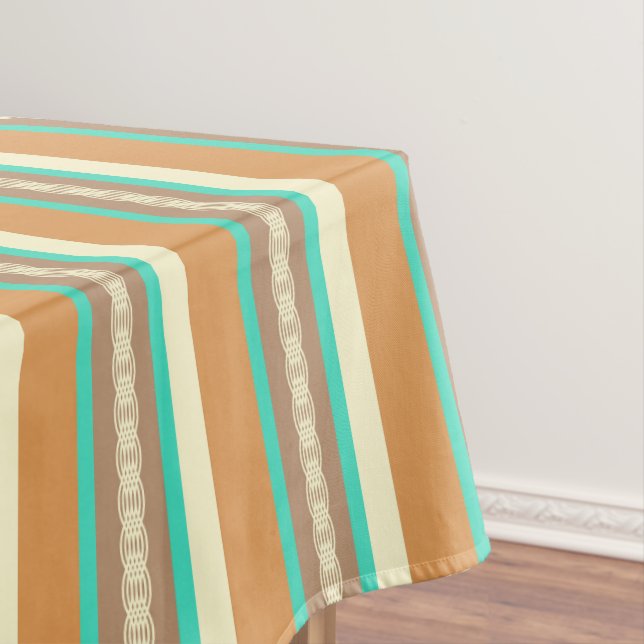 Mid-Century awning stripe - tan & turquoise Tablecloth (In Situ)