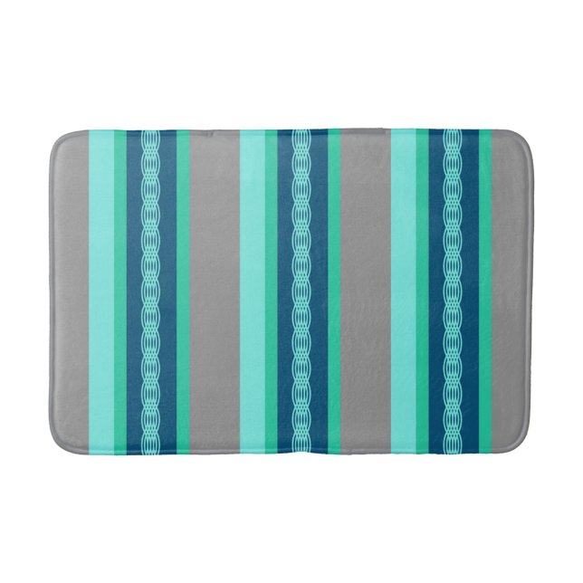 Mid-Century Awning Stripe, Turquoise and Grey Bath Mat (Front)