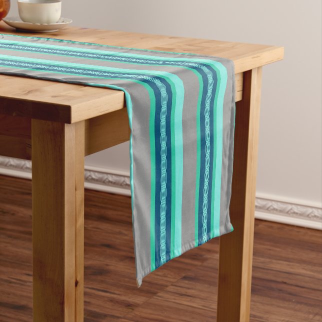 Mid-Century awning stripe - turquoise & grey Short Table Runner (In Situ)