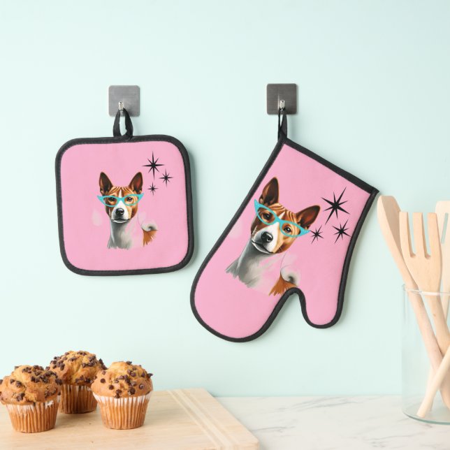 Mid-Century Basenji Dog  Oven Mitt & Pot Holder Set (Insitu(Hanging))