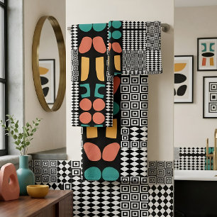 Mid-Century Bauhaus Abstract Geometry Teal & Coral Bath Towel Set
