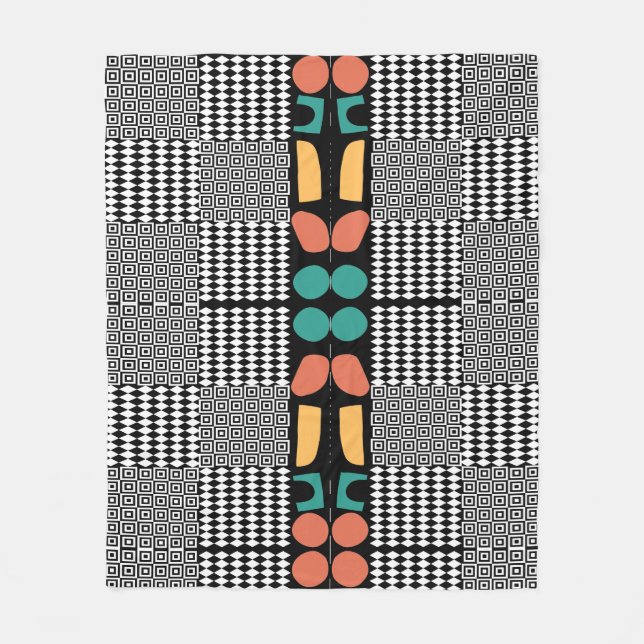 Mid-Century Bauhaus Abstract Geometry Teal & Coral Fleece Blanket (Front)