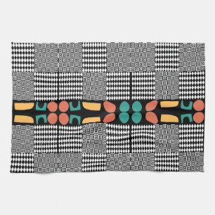 Mid-Century Bauhaus Abstract Geometry Teal & Coral Tea Towel