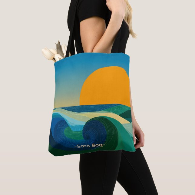 Mid Century Bauhaus Sunset Custom Name Tote Bag (Close Up)