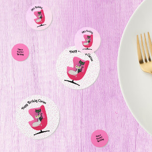 Mid Century Birthday Cats Pink Chair Polka Dots Confetti