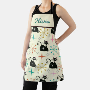 Mid Century Black Atomic Cat and Starbursts Name  Apron