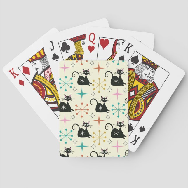 Mid Century Black Atomic Cat with Starbursts  Playing Cards (Back)
