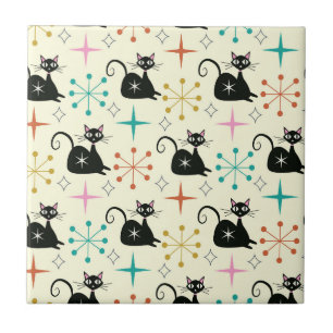 Mid Century Black Atomic Cat with Starbursts  Tile