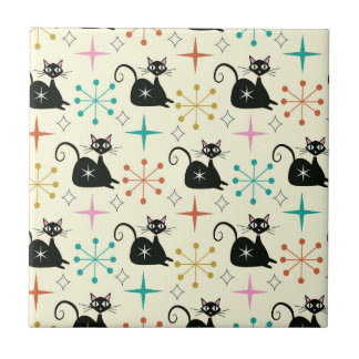 Mid Century Black Atomic Cat with Starbursts  Tile