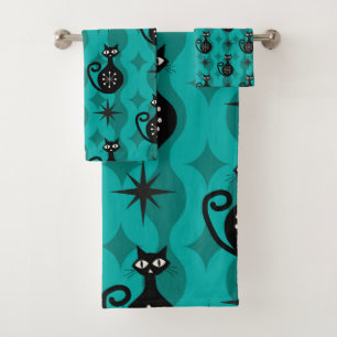 Mid Century Black Atomic Cats on Teal Ogee Bath Towel Set
