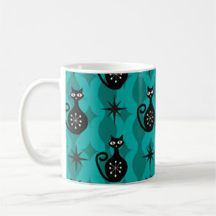 Mid Century Black Atomic Cats on Teal Ogee Coffee Mug