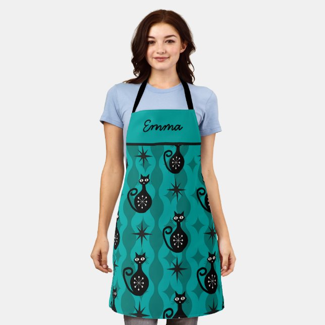 Mid Century Black Atomic Cats on Teal Ogee custom  Apron (Worn)