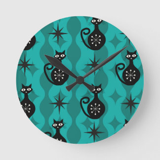 Mid Century Black Atomic Cats on Teal Ogee Round Clock
