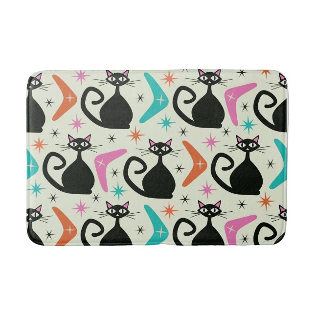 Mid Century Black Atomic Cats with Boomerangs  Bath Mat (Front)