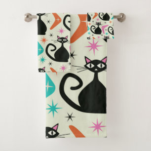 Mid Century Black Atomic Cats with Boomerangs  Bath Towel Set