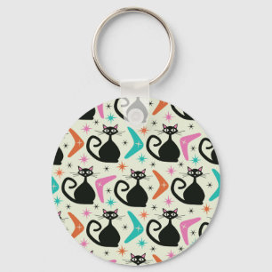Mid Century Black Atomic Cats with Boomerangs  Key Ring