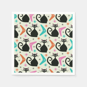 Mid Century Black Atomic Cats with Boomerangs  Napkin