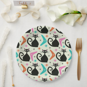 Mid Century Black Atomic Cats with Boomerangs Paper Plate