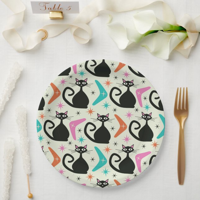 Mid Century Black Atomic Cats with Boomerangs  Paper Plate (Wedding)