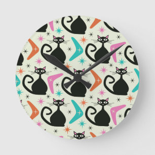 Mid Century Black Atomic Cats with Boomerangs Round Clock