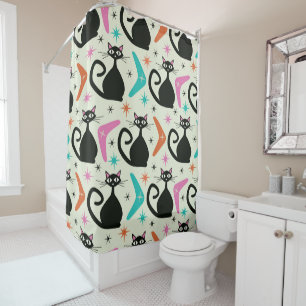 Mid Century Black Atomic Cats with Boomerangs  Shower Curtain