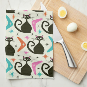 Mid Century Black Atomic Cats with Boomerangs Tea Towel