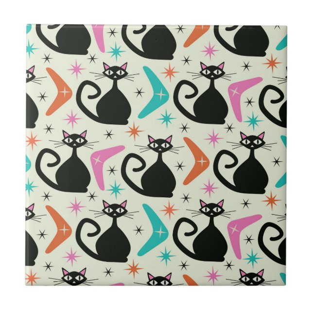 Mid Century Black Atomic Cats with Boomerangs  Tile (Front)