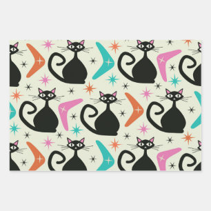 Mid Century Black Atomic Cats with Boomerangs  Wrapping Paper Sheet