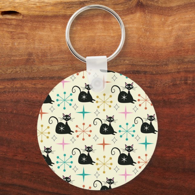 Mid Century Black Atomic Cats with Retro Starburst Key Ring (Back)