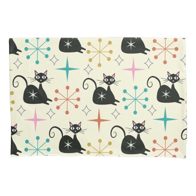 Mid Century Black Atomic Cats with Retro Starburst Pillowcase (Front)