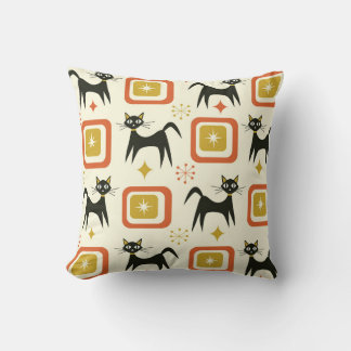 Mid Century Black Atomic Cats with Vintage squares Cushion