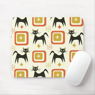 Mid Century Black Atomic Cats with Vintage squares Mouse Pad
