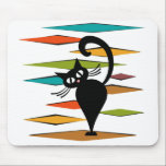 Mid Century black cat design Mouse Pad<br><div class="desc">Colourful abstract Mid Century style illustration with black cat and colourful rhombuses decoration on white background</div>