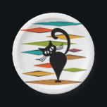 Mid Century black cat design Paper Plate<br><div class="desc">Colourful abstract Mid Century style illustration with black cat and colourful rhombuses decoration on white background</div>