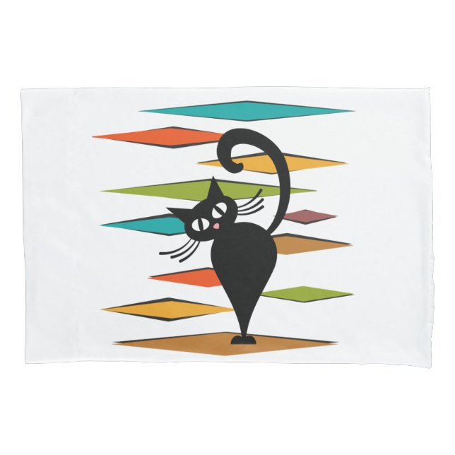Mid Century black cat design Pillowcase (Front)