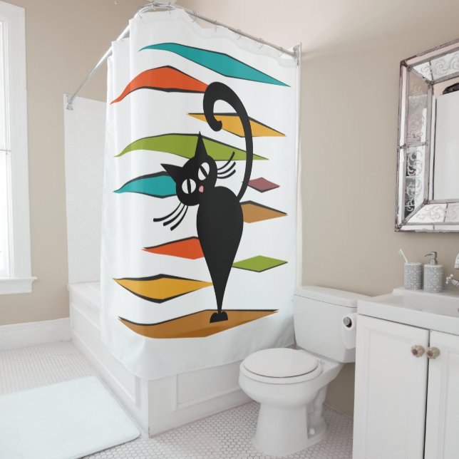 Mid Century black cat design Shower Curtain (In Situ)