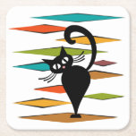Mid Century black cat design Square Paper Coaster<br><div class="desc">Colourful abstract Mid Century style illustration with black cat and colourful rhombuses decoration on white background</div>