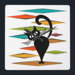 Mid Century black cat design Square Wall Clock<br><div class="desc">Colourful abstract Mid Century style illustration with black cat and colourful rhombuses decoration on white background</div>